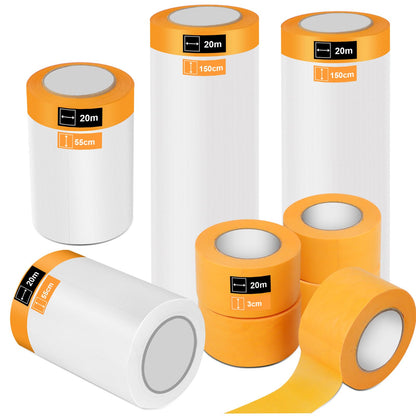 9Rolls Pre-Taped Masking Film Kit, 2 Sizes Self-Adhesive Painters Tape 22in×66ft/59in×66ft Paint Tape and Drape with 5Pcs Masking Tapes Pre-Taped Masking Paper for Painting Automotive DIY Project