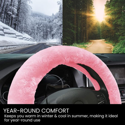 Andalus Brands Fluffy Wool Sheepskin Steering Wheel Cover, Soft & Fuzzy Plush, Universal Fit 14 1/2-15 1/2 Inch, Anti-Slip, Comfortable & Luxurious (Pink)