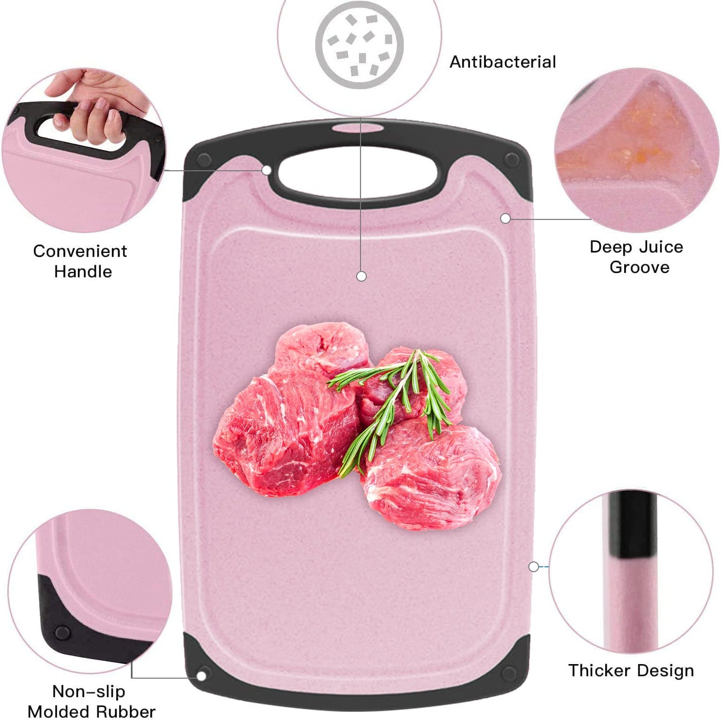 Cutting Boards Kitchen Cutting Board (3-Piece Set) Chopping Boards- Plastic Cutting Boards Set, Juice Grooves, BPA-Free and Dishwasher Safe (Pink)