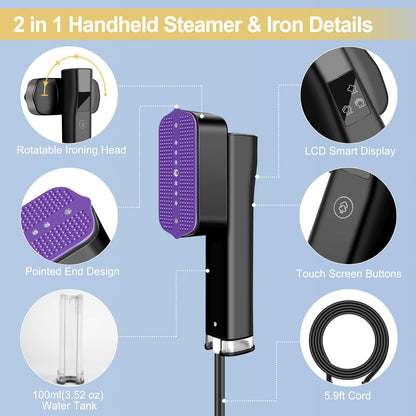 Travel Steamer for Clothes Handheld: 2-in-1 Portable Clothing Garment Steamer and Iron Fast Heat-up & 3 Levels of Steam Hand Held Mini Steamer for thick Fabric Only 1.3lbs for Travel ＆ Home (Black)