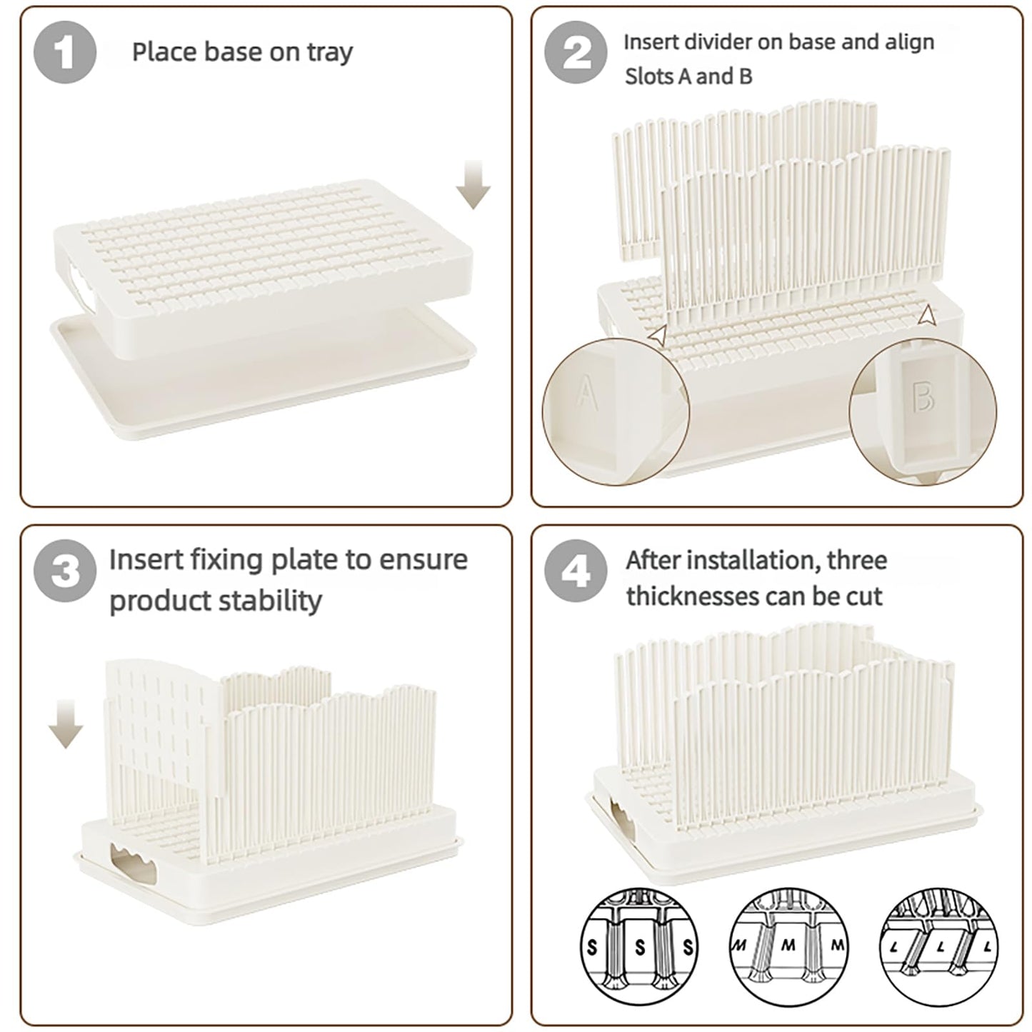 Qeedee Sourdough Bread Slicer for Homemade Bread, Foldable and Adjustable Cutting Guide with Crumb Tray, 3 Slice Sizes for Homemade Bagels, Buns, Cakes, White