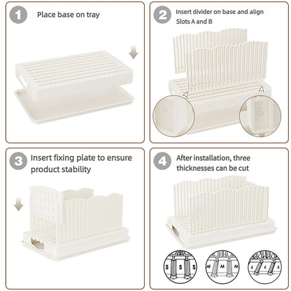 Qeedee Sourdough Bread Slicer for Homemade Bread, Foldable and Adjustable Cutting Guide with Crumb Tray, 3 Slice Sizes for Homemade Bagels, Buns, Cakes, White
