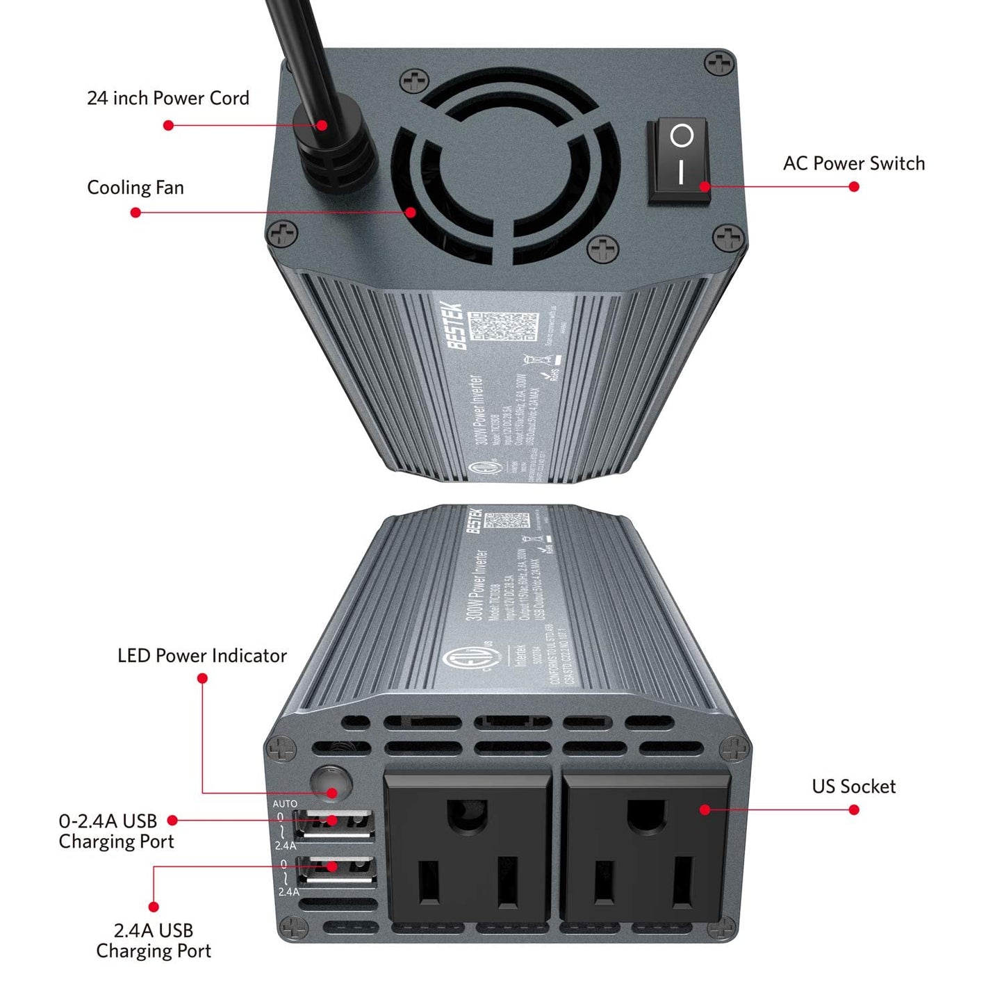 BESTEK 300W Power Inverter DC 12V to 110V AC Car Inverter with 4.2A Dual USB Car Adapter (Grey)