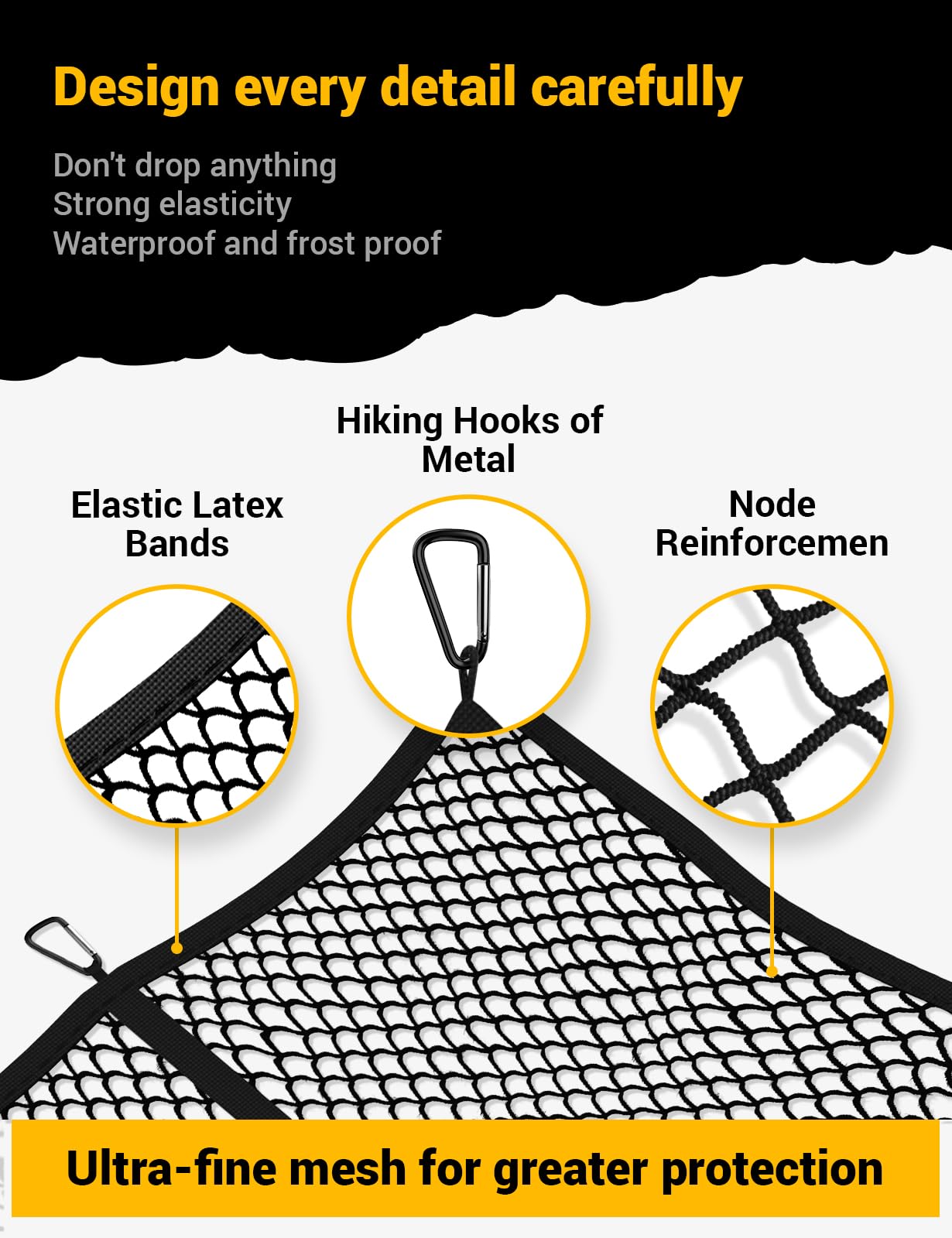 AUTOWN Cargo Net for Pickup Truck Bed - Stretchable 4'x4' to 7'x7', High Elastic Fine Mesh 1''x1'' with 8 Metal Carabiners - Ideal for ATV, SUV, UTV, Truck and Boat Use
