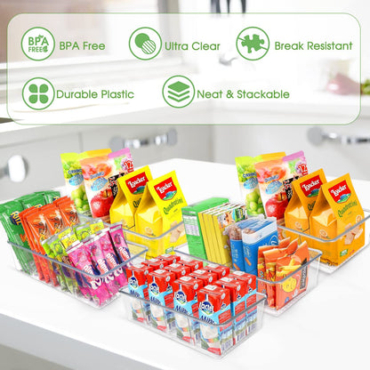 ZIZOTI Clear Pantry Organizer Storage Bins 4 Pack Plastic Removable Snack Organizer Pantry Organization Storage Racks with Removable Dividers, Perfect for Snacks, Packets, Spices, Kitchen, Cabinets