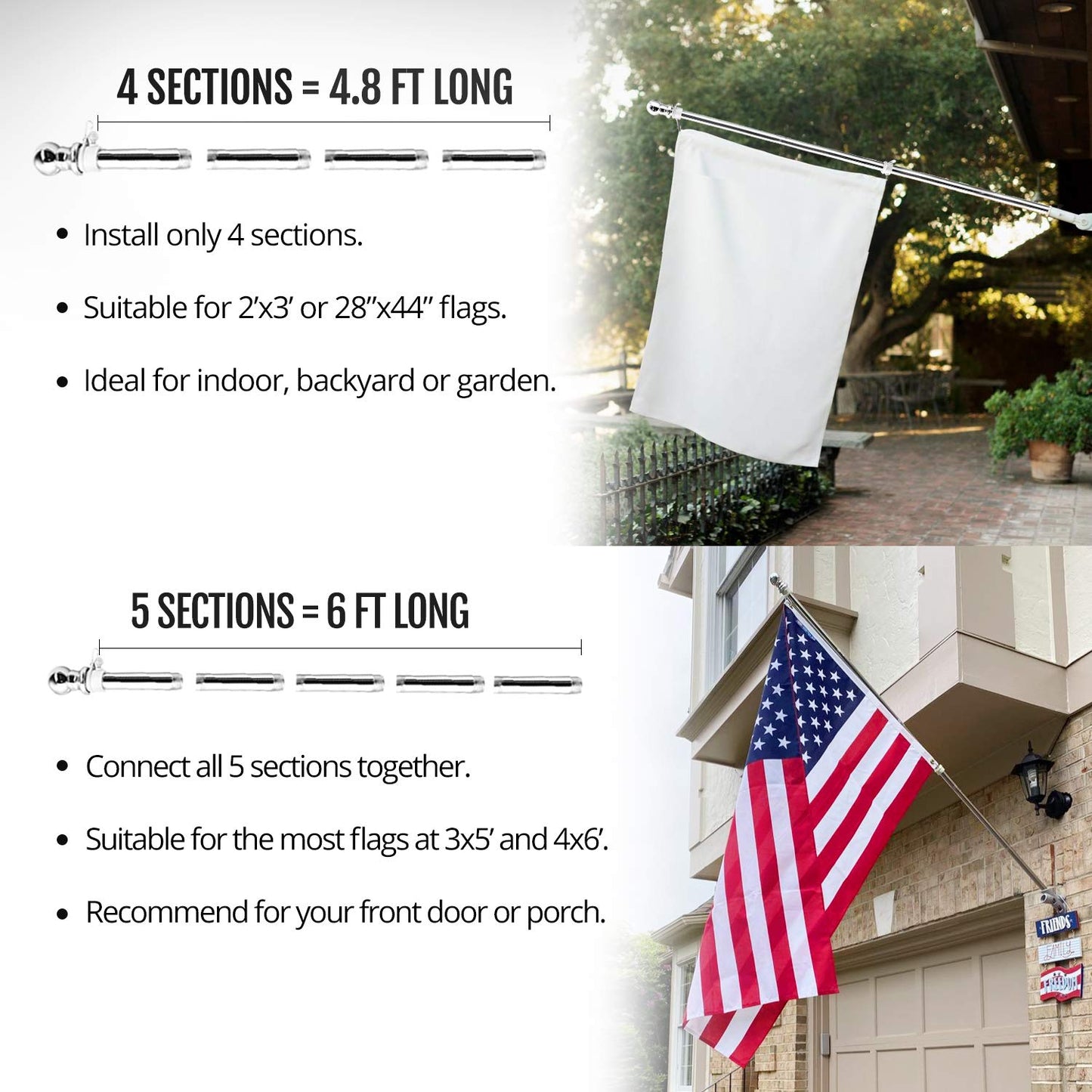Anley 6 FT Stainless Steel Flag Pole Kit with Tangle Free Rotating Rings - Adjustable Length, Heavy Duty & Rustproof Flag Pole for House, Yard and Commercial (1 Inch Dia.)