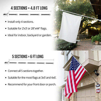 Anley 6 FT Stainless Steel Flag Pole Kit with Tangle Free Rotating Rings - Adjustable Length, Heavy Duty & Rustproof Flag Pole for House, Yard and Commercial (1 Inch Dia.)