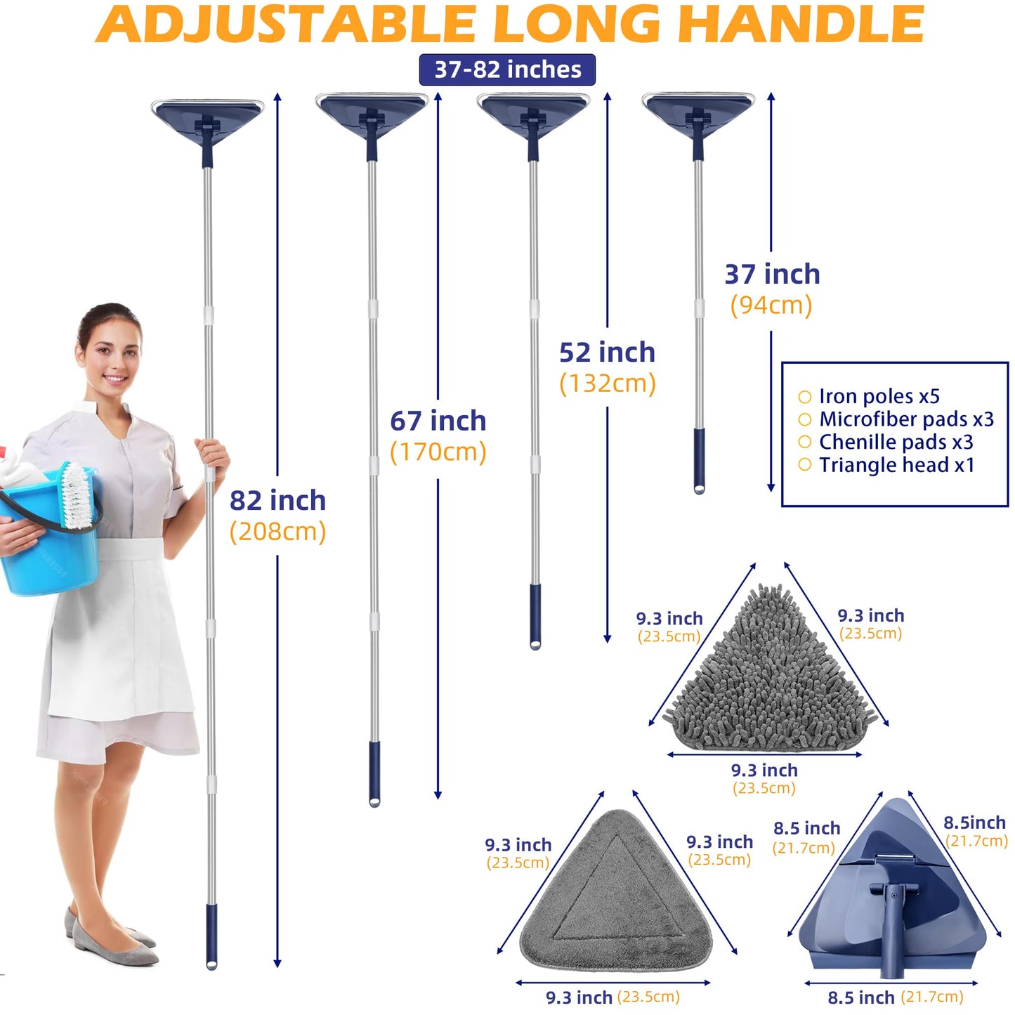 Wall Cleaner Mop with 82" Extendable Handle, 360° Rotating Head & 90° Flip, Microfiber/Chenille Pads, Built-in Squeegee for Ceiling, Wall, Baseboard and Window Cleaning
