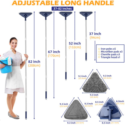 Wall Cleaner Mop with 82" Extendable Handle, 360° Rotating Head & 90° Flip, Microfiber/Chenille Pads, Built-in Squeegee for Ceiling, Wall, Baseboard and Window Cleaning