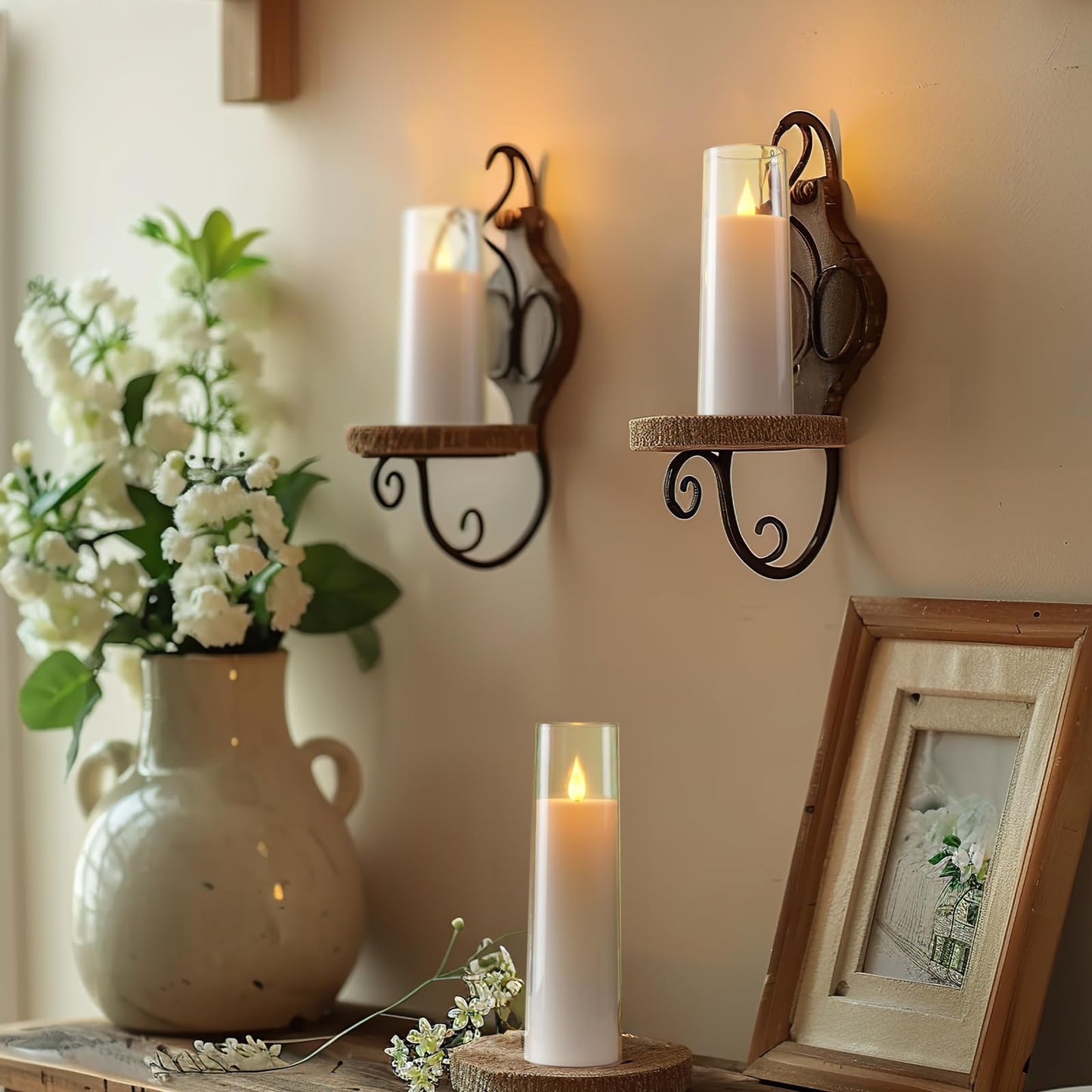 AMAGIC Acrylic Flameless Candles Flickering, LED Battery Operated Candles with Remote Control Timer, Fake Pillar Candle for Valentine's Day, Wedding Decor, White Set of 5