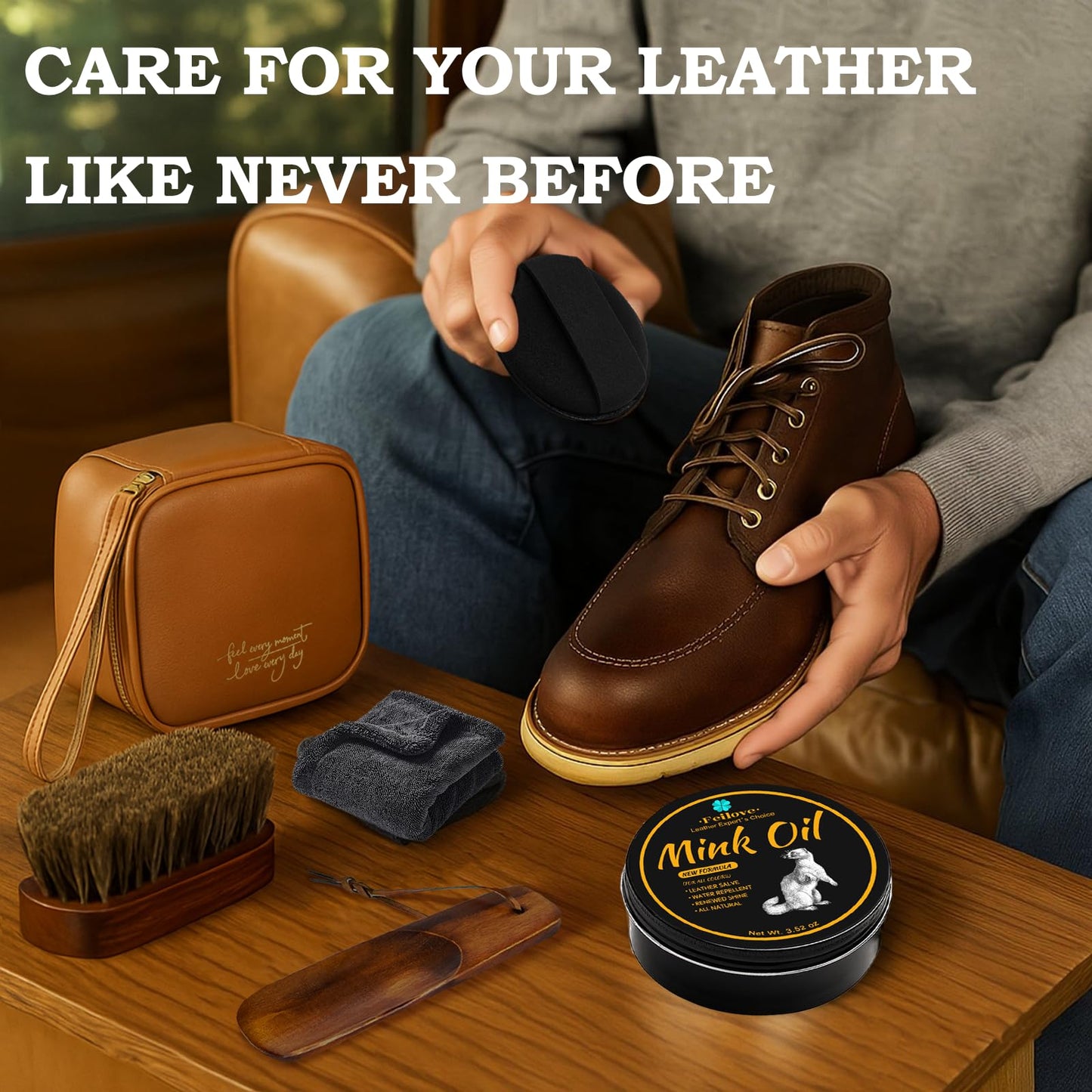 6-in-1 Mink Oil Leather Conditioner and Cleaner Kit 3.52 oz – Premium Waterproof Leather Care for Boots, Shoes & Bags