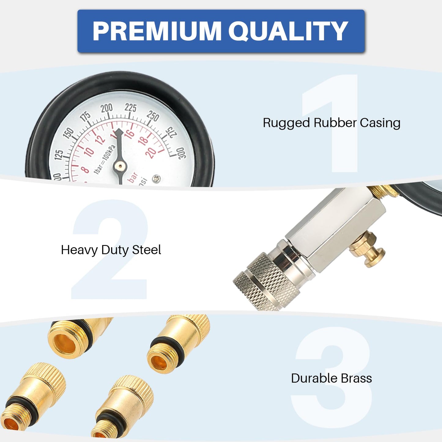 DASBET 8PCS Petrol Engine Cylinder Compression Tester Kit | Compression Tester Kit with Pressure Gauge for Petrol Gas Engine Automotive Tool Gauge 0-300 PSI for Cars Motorcycles (Blue)