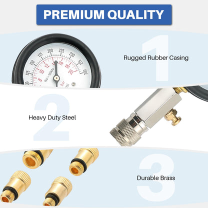DASBET 8PCS Petrol Engine Cylinder Compression Tester Kit | Compression Tester Kit with Pressure Gauge for Petrol Gas Engine Automotive Tool Gauge 0-300 PSI for Cars Motorcycles (Blue)