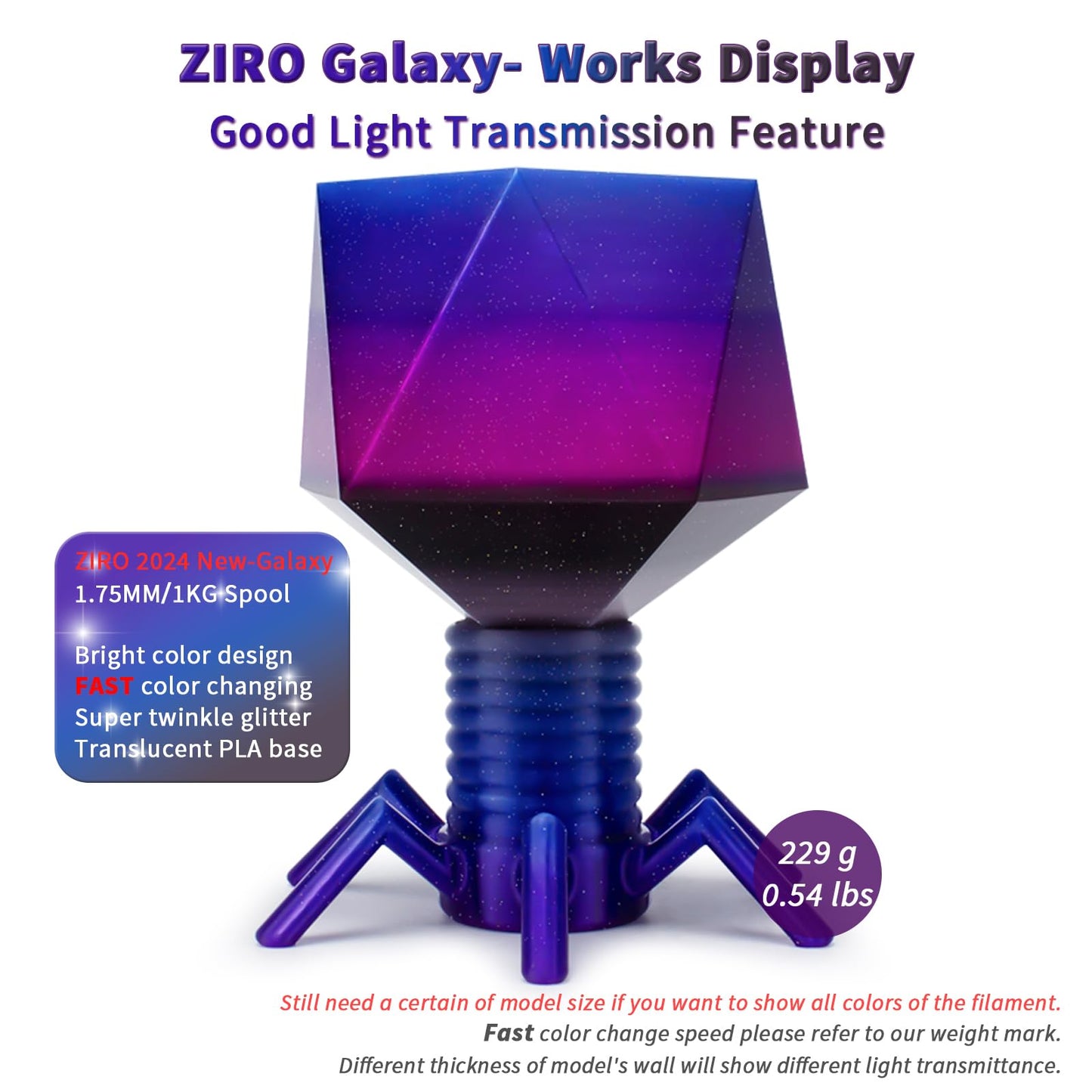 ZIRO Fast Color Changing Twinkling PLA, PLA Filament 1.75mm, Sparkle Glitter with Colorful Transluent PLA, 3D Printing Material,1kg Spool, Dimensional Accuracy +/-0.03mm, Fit Most 3D Printers, Galaxy