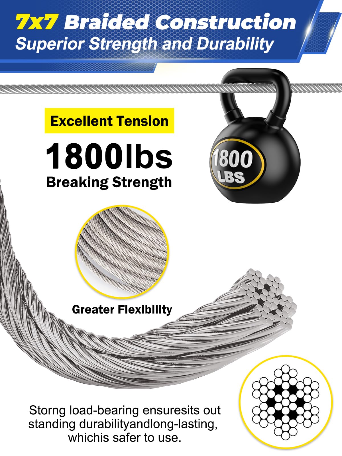 TooTaci 1/8 Wire Rope Kit, 50ft T316 Stainless Steel Cable,1/8 Aircraft Cable with 8pcs Wire Rope Clips and Steel Thimbles, 16pcs Crimping Loops, for Shade Sails, Clothesline, Deck Railing