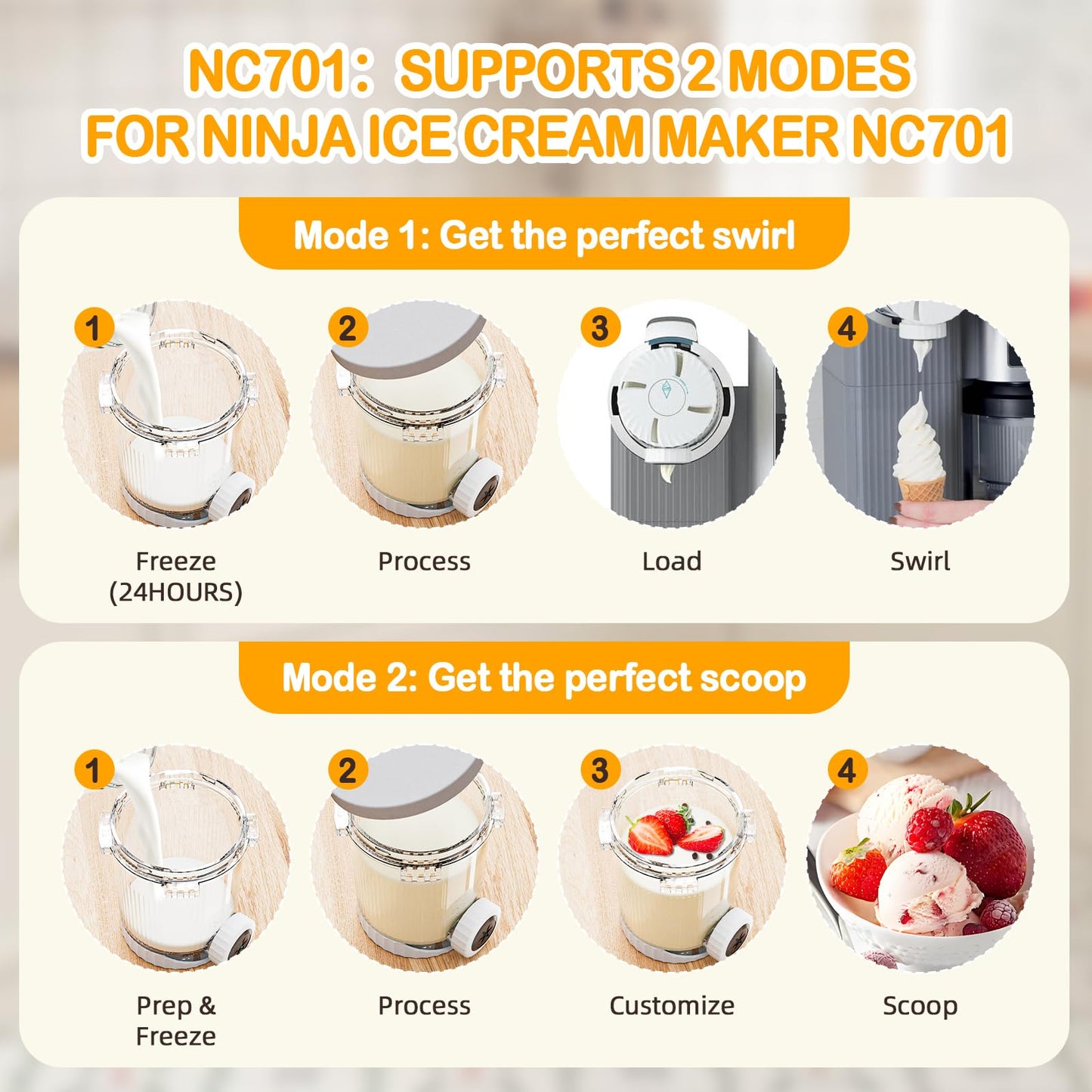 2 Pack Ice Cream Pints and Lids Compatible with Ninja Creami NC701C NC700 Series Swirl Ice Cream & Soft Serve Makers, 16oz Container with 4Pcs Replacement Swirl Nozzles - BPA Free, Dishwasher Safe
