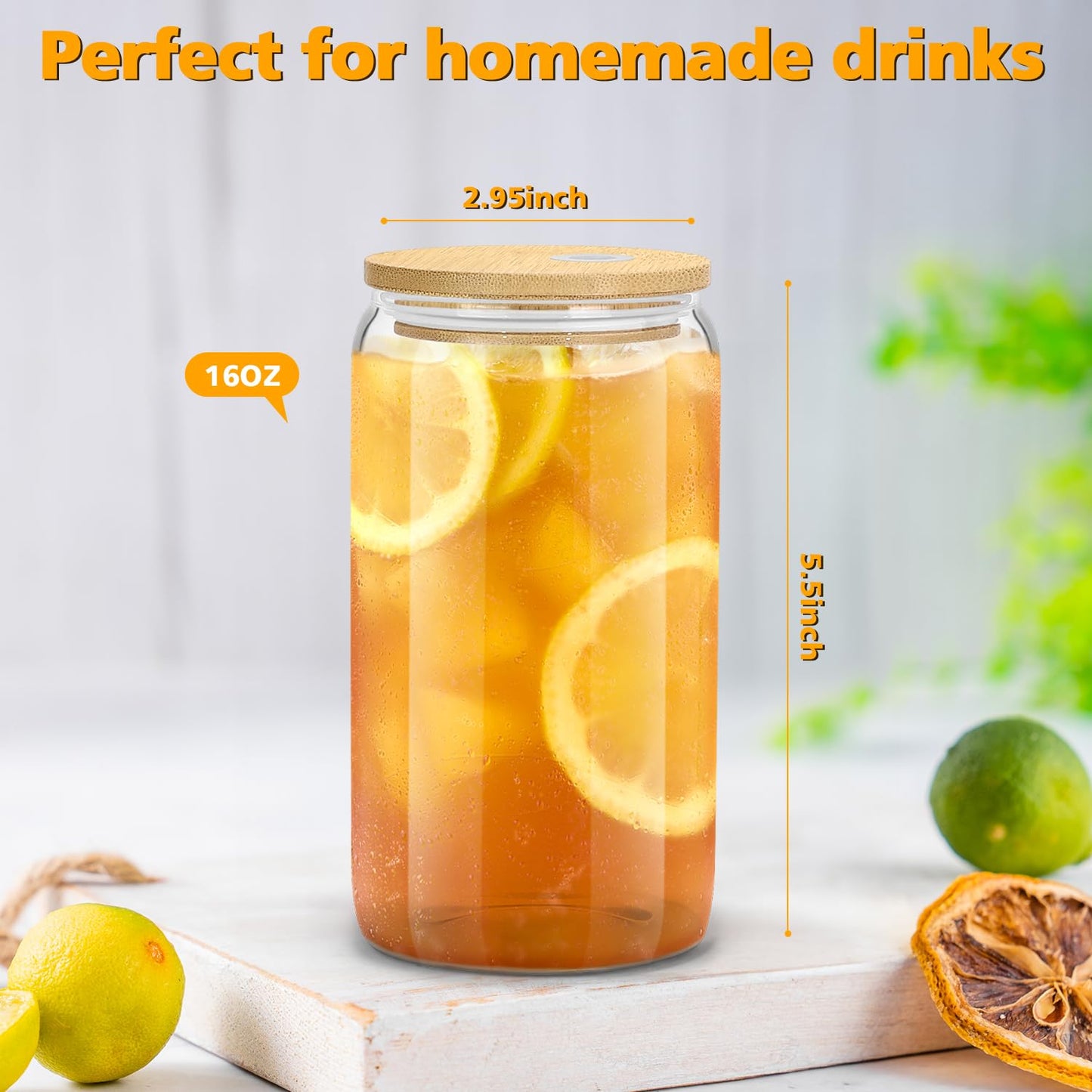 sungwoo Glass Cups with Bamboo Lids and Straws, 16OZ Ice Coffee Cup, Drinking Cup Set with Wooden Lids, Home Essential Glass Tumblers for Beer, Cocktail, Tea and Latte Clear (6)