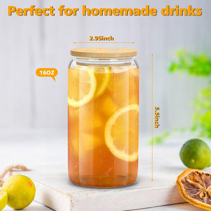 sungwoo Glass Cups with Bamboo Lids and Straws, 16OZ Ice Coffee Cup, Drinking Cup Set with Wooden Lids, Home Essential Glass Tumblers for Beer, Cocktail, Tea and Latte Clear (6)