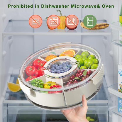 POLCANUR Divided Rotating Snack Storage Box with Lid and Handle, 360° Portable Clear Spinner Serving Tray for Fruits Veggie Charcuterie, Relish Tray, 6 Compartments