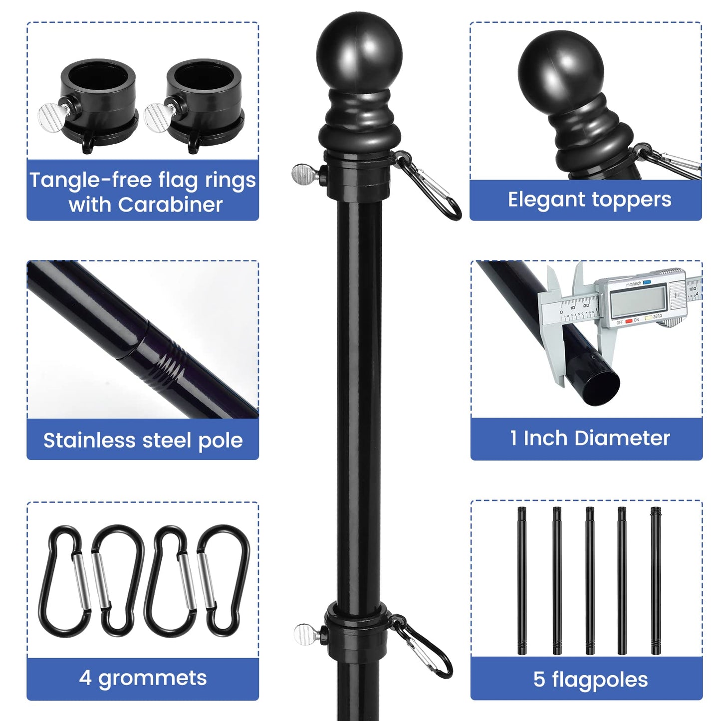 6.5FT/2M Flag Pole Kit for Canada Flag, Professional Stainless Steel Flag Pole with Mounting Bracket, Wall Mount Flag Pole Kit with Tangle Free Rings, Adjustable Length, for Garden, House, Patio