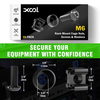 XOOL 50 PCS M6 x16mm Rack Mount Cage Nuts, Screws and Washers for Rack Mount Server Cabinet,Rack Mount Server Shelves,Routers,Rack Mount Screws and Square Insert Nuts,Self-Locking Cable Ties for Free