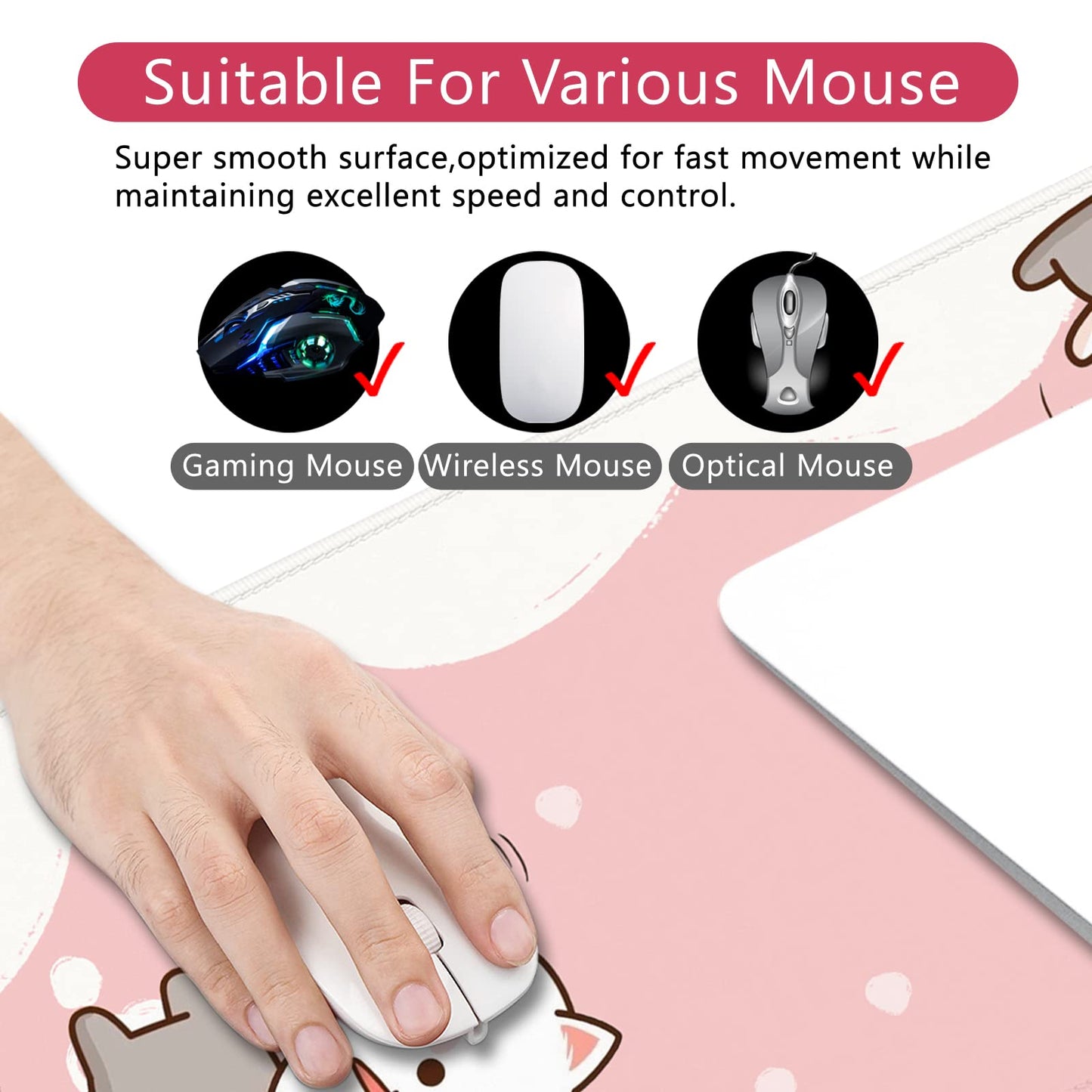 Pink Gaming Mouse Pad Cute Large Mouse Pad 35x15.7x0.12 inch Extra Large Mouse Pad Cat Theme Pink and White Mouse Pad (Cat - 5)