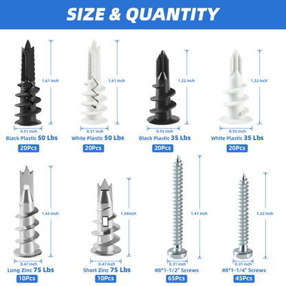 Besitu 210Pcs Drywall Anchors and Screws Kit, Self Drilling Wall Anchors for Drywall, Sheetrock, Hollow Door and Plaster Wall, Zinc Metal & Nylon Plastic Heavy Duty Dry Wall Anchor Set