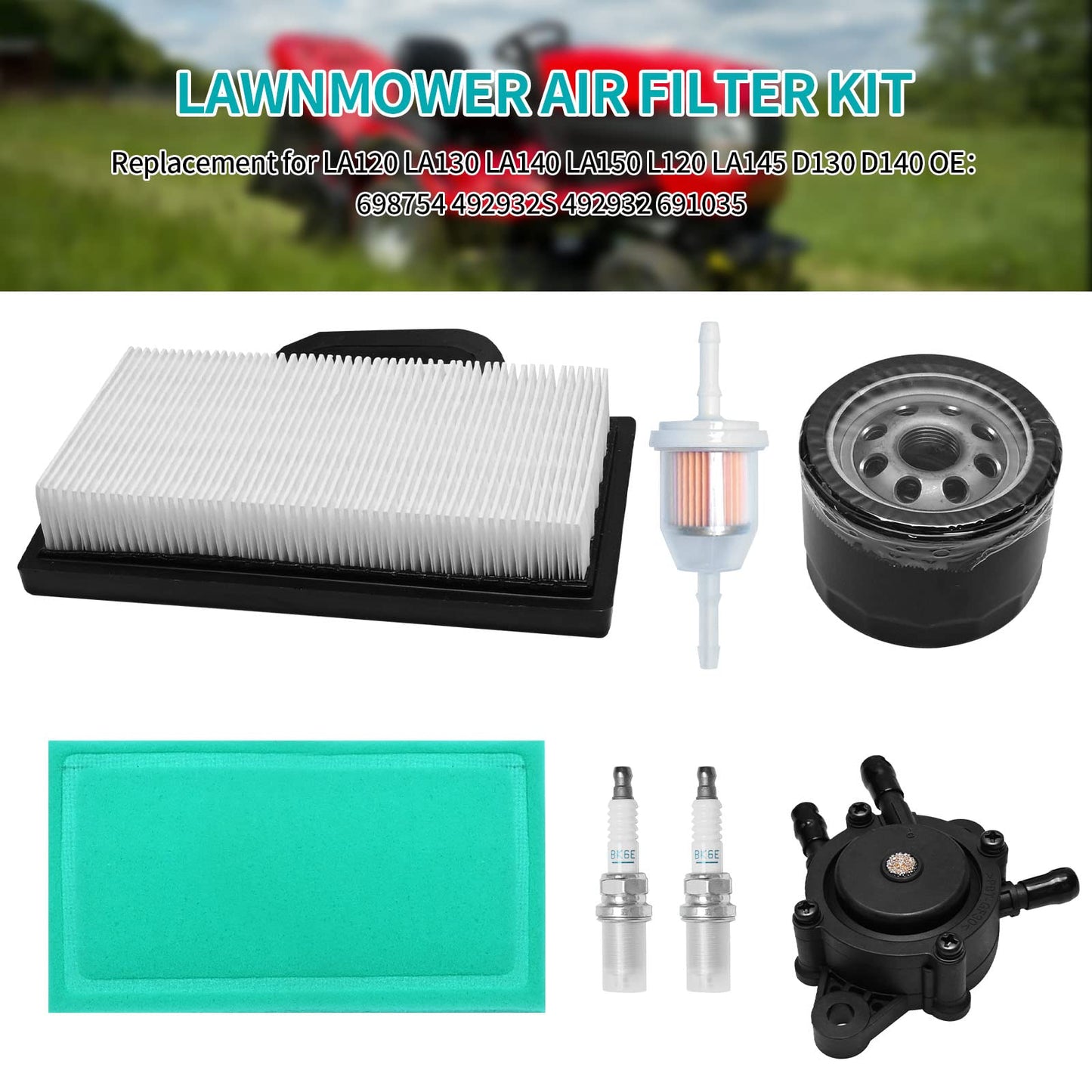 UOIENRT 698754 Air Filter, 492932S 492932 Oil Filter with 691035 Fuel Filter Tune up Kit, Fits for LA120 LA130 LA140 LA150 L120 LA145 D130 D140 Lawn Mower Parts
