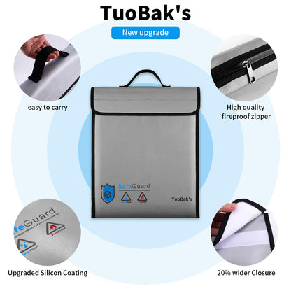 TuoBak's Fireproof Document Bag with Zipper,Heat Insulated Upgraded Fireproof Waterproof Document Bag 15.8”x 12.6”×2.5” for Important Document Storage Organizer for Valuables, Legal Documents Safe
