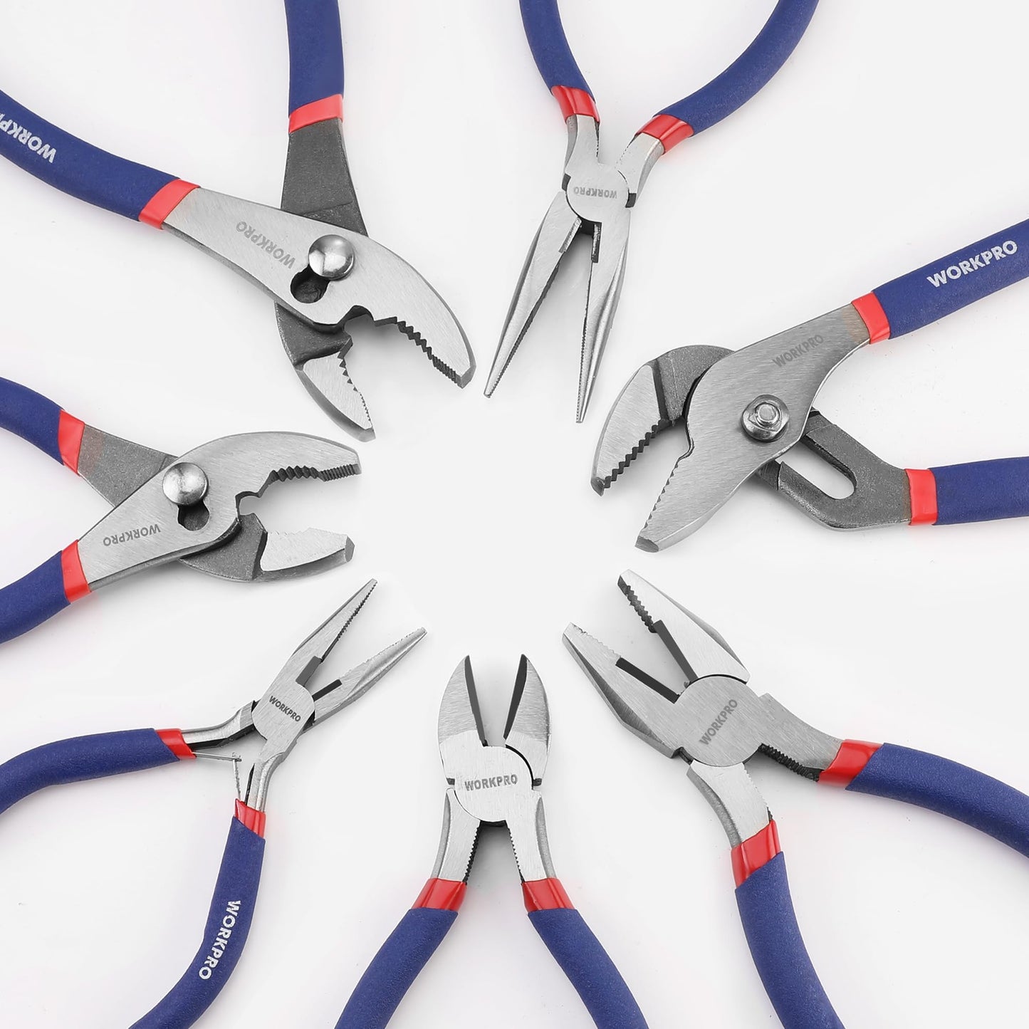 7-Piece WORKPRO Pliers Set with Groove Joint, Long Nose, Slip Joint, Linesman, and Diagonal Pliers for DIY & Home Use