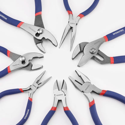 7-Piece WORKPRO Pliers Set with Groove Joint, Long Nose, Slip Joint, Linesman, and Diagonal Pliers for DIY & Home Use