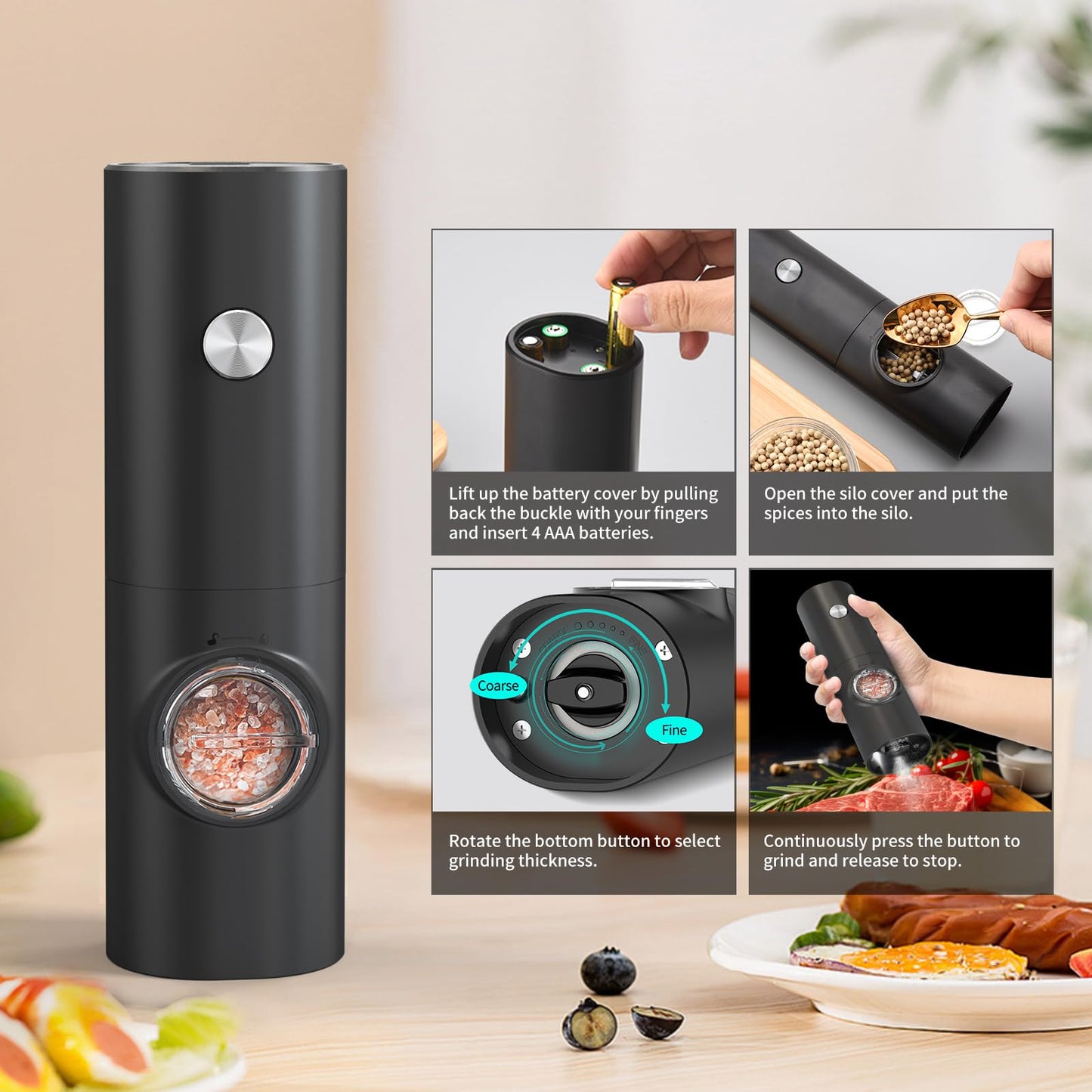 CIRCLE JOY Salt and Pepper Grinder Set Electric Pepper Grinder Automatic Pepper Mill with Adjustable Coarseness, Battery Powered Operation, Black