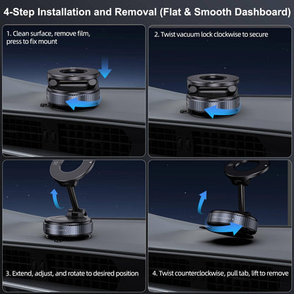 Vacuum Magnetic Suction Phone Holder, Foldable and Retractable Hands-Free Suction Cup Phone Mount for Car/Gym/Mirror/Smooth Surface, Compatible with iPhone Android and All Smartphones (Black)