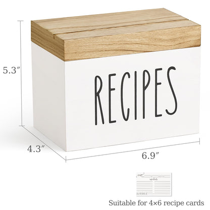 Dahey Wooden Recipe Box White Recipe Organizer with 100 Recipe Cards and 6 Dividers, Recipe Card Holder Box Set with Lid and Slots to Write in Your Own Recipes for Cooking Lover Kitchen, 6.9''x4.3''
