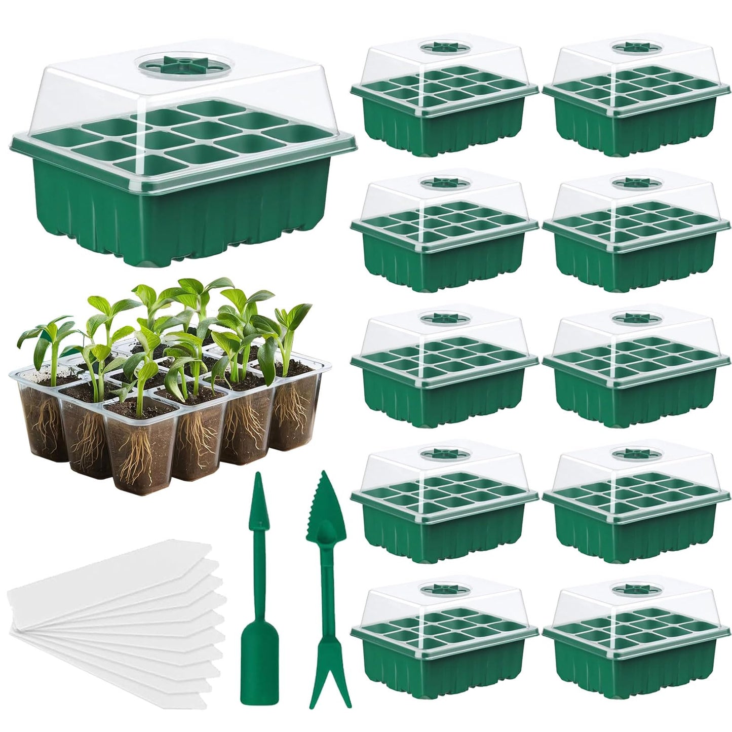 Seed Trays, 10 Pack Plant Seed Starter Tray with Humidity Domes, 120 Cells Total + Planting Tools & Labels, Reusable Indoor Seedling Germination Kit