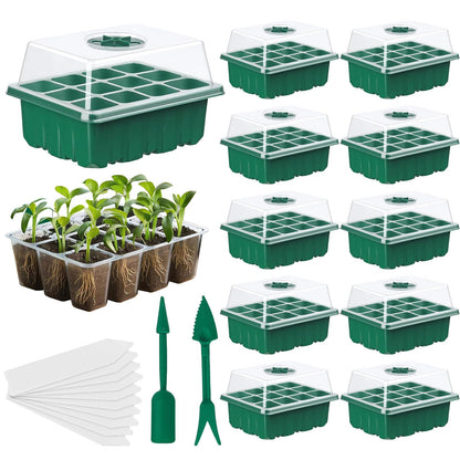 Seed Trays, 10 Pack Plant Seed Starter Tray with Humidity Domes, 120 Cells Total + Planting Tools & Labels, Reusable Indoor Seedling Germination Kit