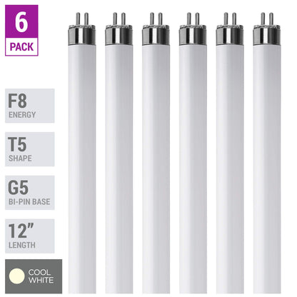 (Pack Of 6) F8T5/CW - T5 Fluorescent 4100K Cool White - 8 Watt - 12" Super Long Life Light Bulbs