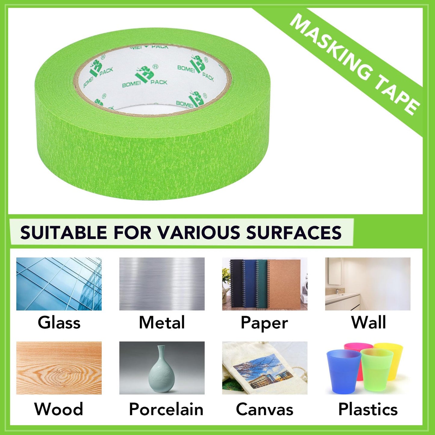 BOMEI PACK 5Rolls Green Masking Tape 36mm x 55yds, General Purpose Thin Green Painters Tape for Painting, Labeling, DIY Crafting, Decoration and School Projects, Total 275yds