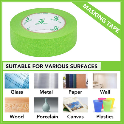 BOMEI PACK 5Rolls Green Masking Tape 36mm x 55yds, General Purpose Thin Green Painters Tape for Painting, Labeling, DIY Crafting, Decoration and School Projects, Total 275yds