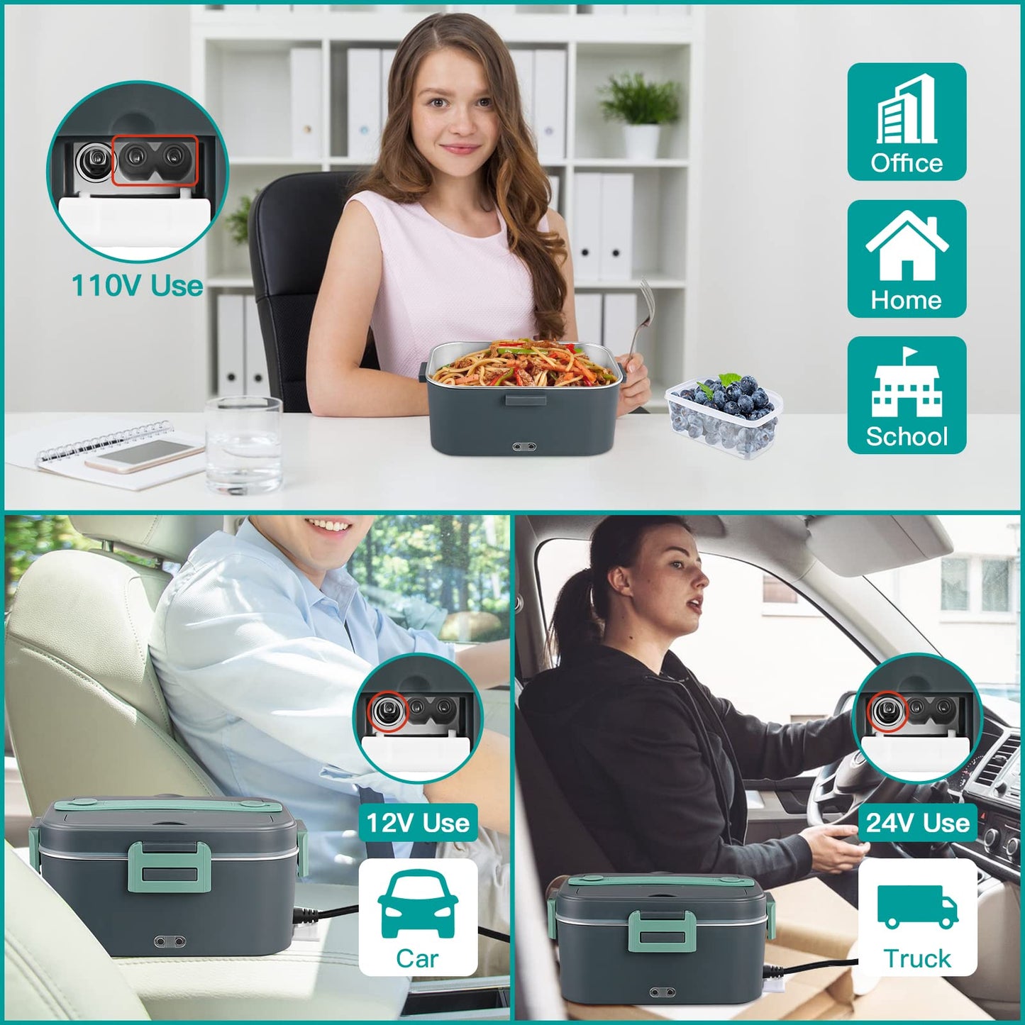 75W Electric Heated Lunch Box 1.8L Food Heater/Warmer Portable Heated Lunch Boxes (lonchera electrica para el almuerzo) for Car Truck and Home - Leak Proof, Removable 304 Stainless Steel Container