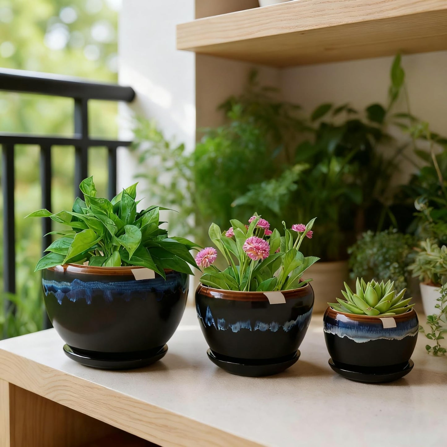 AVLA 3 Pack Ceramic Flower Pots, Gardening Drip Glazed Planter, Plant Pot with Drainage Hole and Saucer, 7/5/4 Inch Rustic Houseplant Container for Succulent Herbs Cactus Orchid, Home Indoor Outdoor