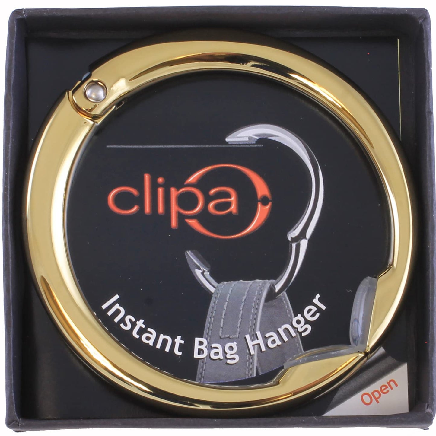 Clipa Handbag Hanger – Polished Gold PVD- The Ring that Opens into a Hook and Hangs in Just 10 mm of Space, Holds 15 kg, 3 yr. Warranty