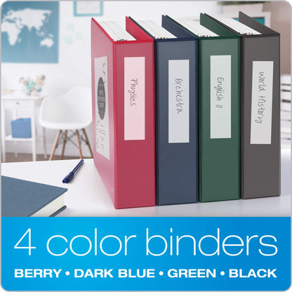 Cardinal 3 Ring Binders, 2 Inch Binder with Round Rings, Holds 475 Sheets, ClearVue Covers, Non-Stick, PVC-Free, Assorted Colors, 4 Pack (29310)