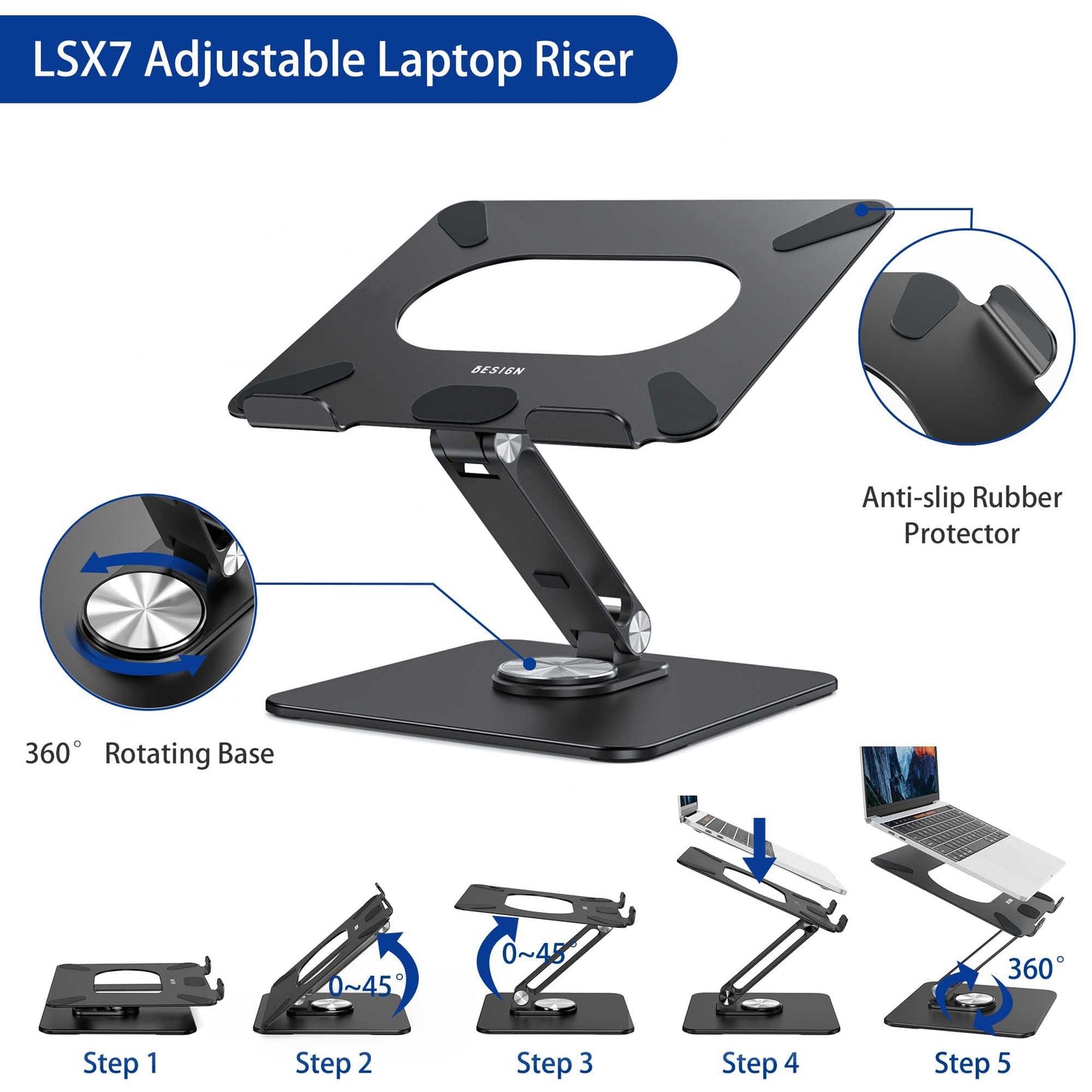 BESIGN LSX7 Laptop Stand with 360° Rotating Base, Ergonomic Adjustable Notebook Stand, Riser Holder Computer Stand Compatible with Air, Pro, Dell, HP, Lenovo More 10-15.6" Laptops, Lapdesk, Black