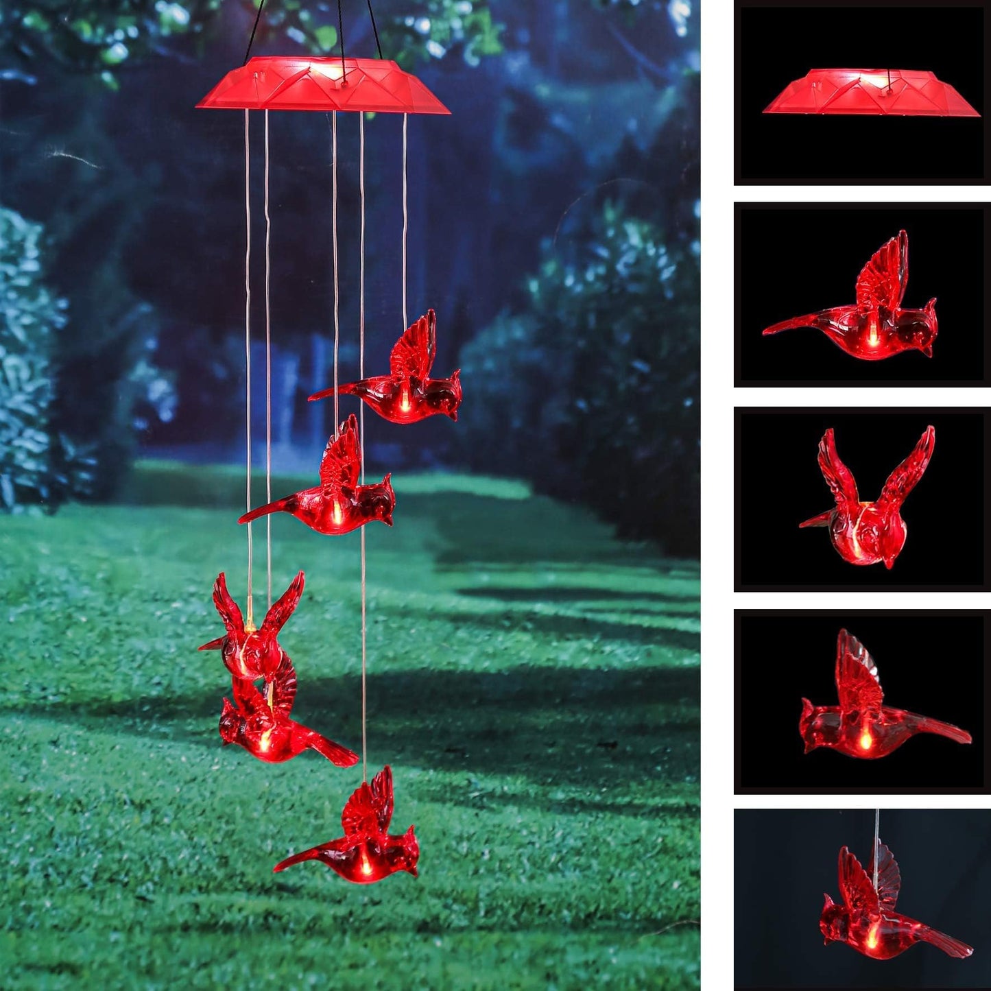 Wind Chime Solar Chimes Warm Light Solar Waterproof Wind Bell Light for Home Party Night Garden Patio Decoration,Red Bird
