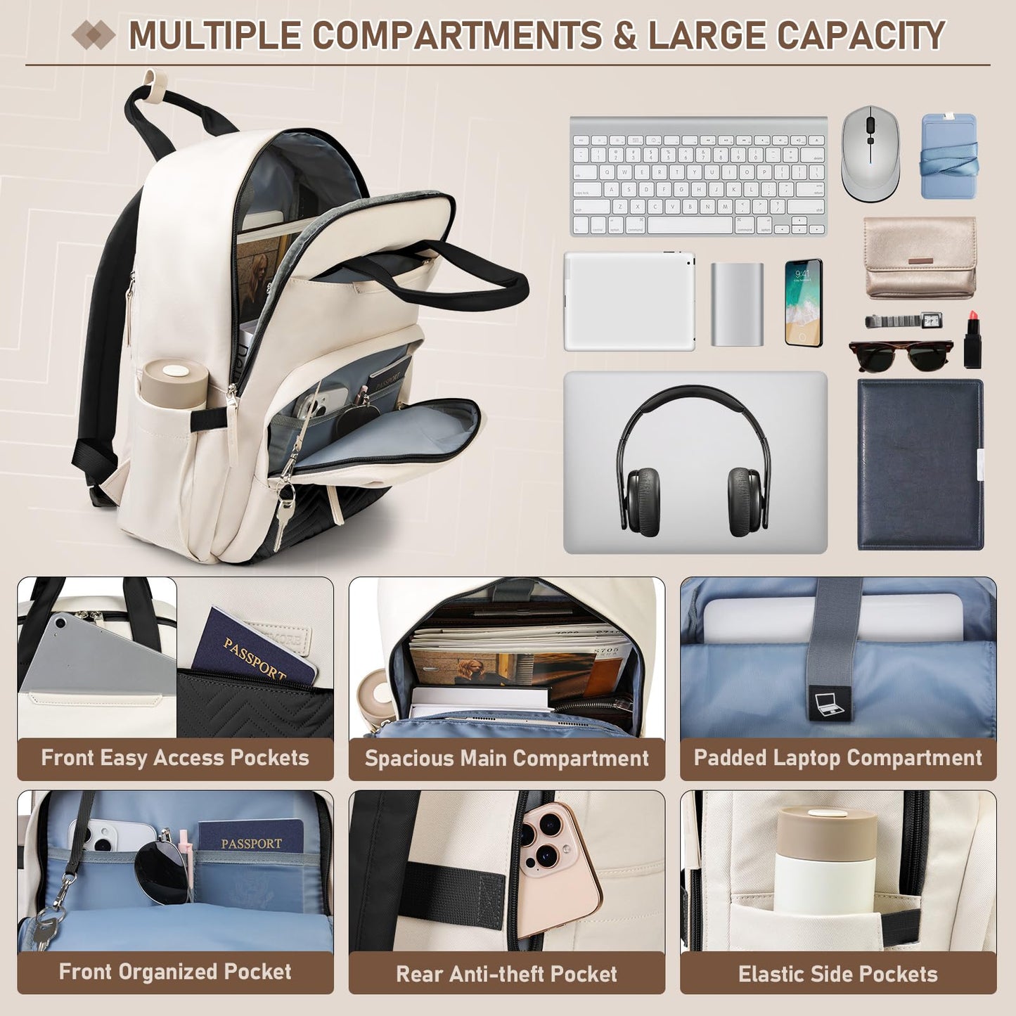 RAINSMORE Laptop Backpack for Women 15.6 Inch Waterproof Work Travel Backpacks for Women Large Quilted College Bookbag with USB Charging Hole Anti-theft Casual Computer Bags for Teacher Nurse