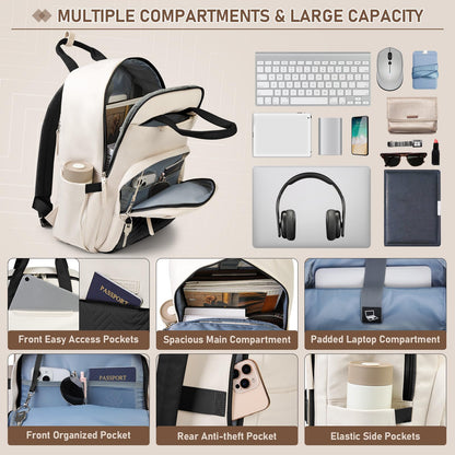 RAINSMORE Laptop Backpack for Women 15.6 Inch Waterproof Work Travel Backpacks for Women Large Quilted College Bookbag with USB Charging Hole Anti-theft Casual Computer Bags for Teacher Nurse