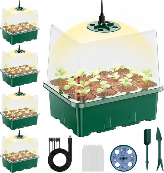 Danolt 5 Pack 60 Cell Seed Trays for Seedlings with Light, Heated Propagators for Seeds, Seed Trays with Lids, Includes 10 Pcs Plant Label and 2 Pcs Tools