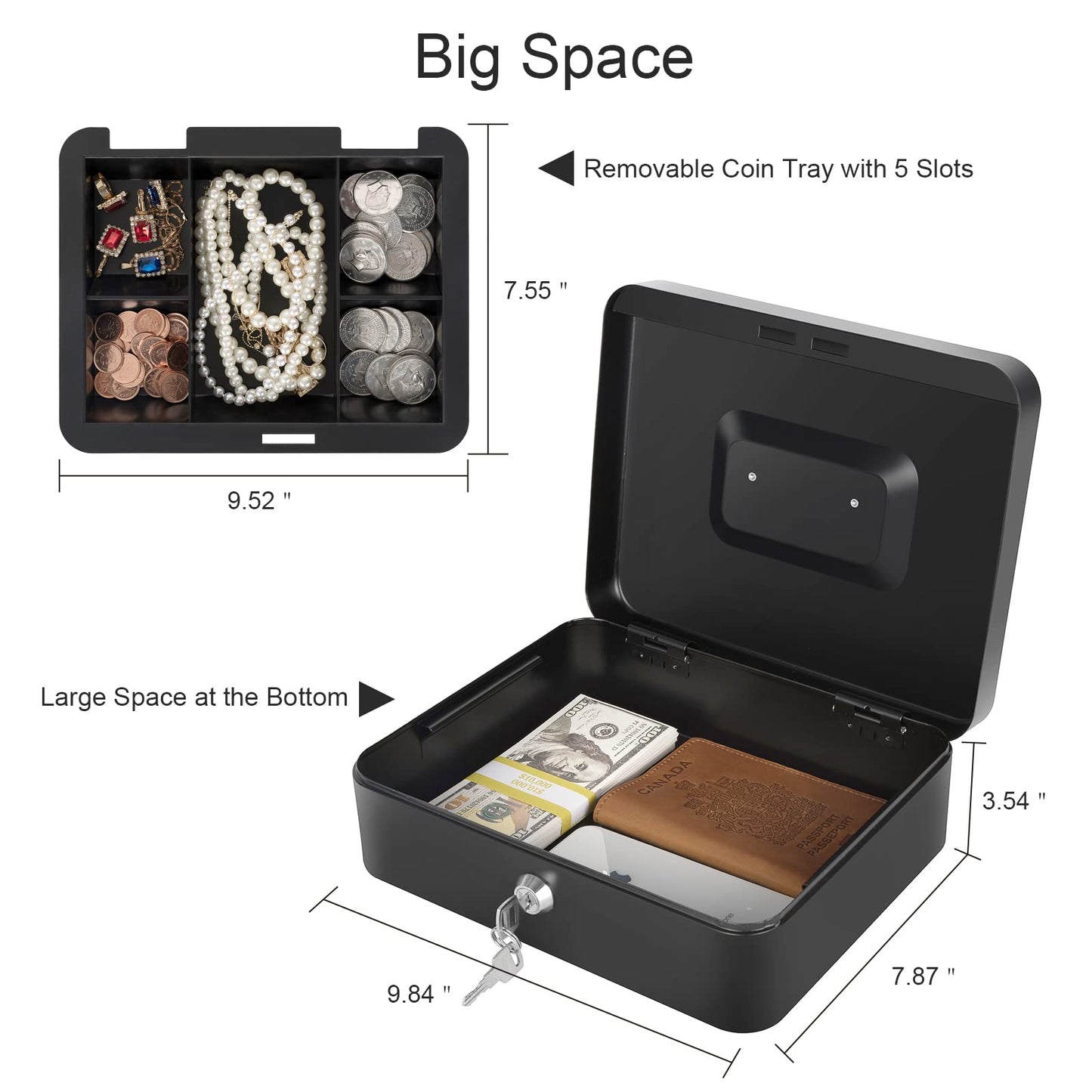 Cash Box with Lock and Money Tray Metal Money Box for Cash Lock Box for Money