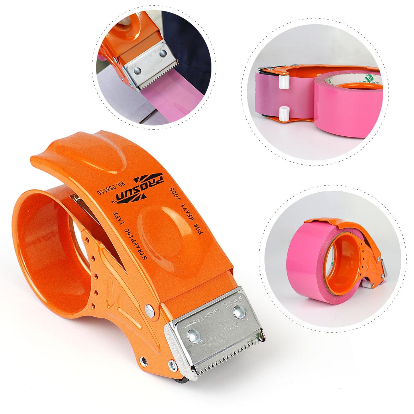 BOMEI Pack Metal Packing Tape Dispenser, 2inch Heavy Duty Handheld Heavy Tape Dispenser, 2Pcs, Orange